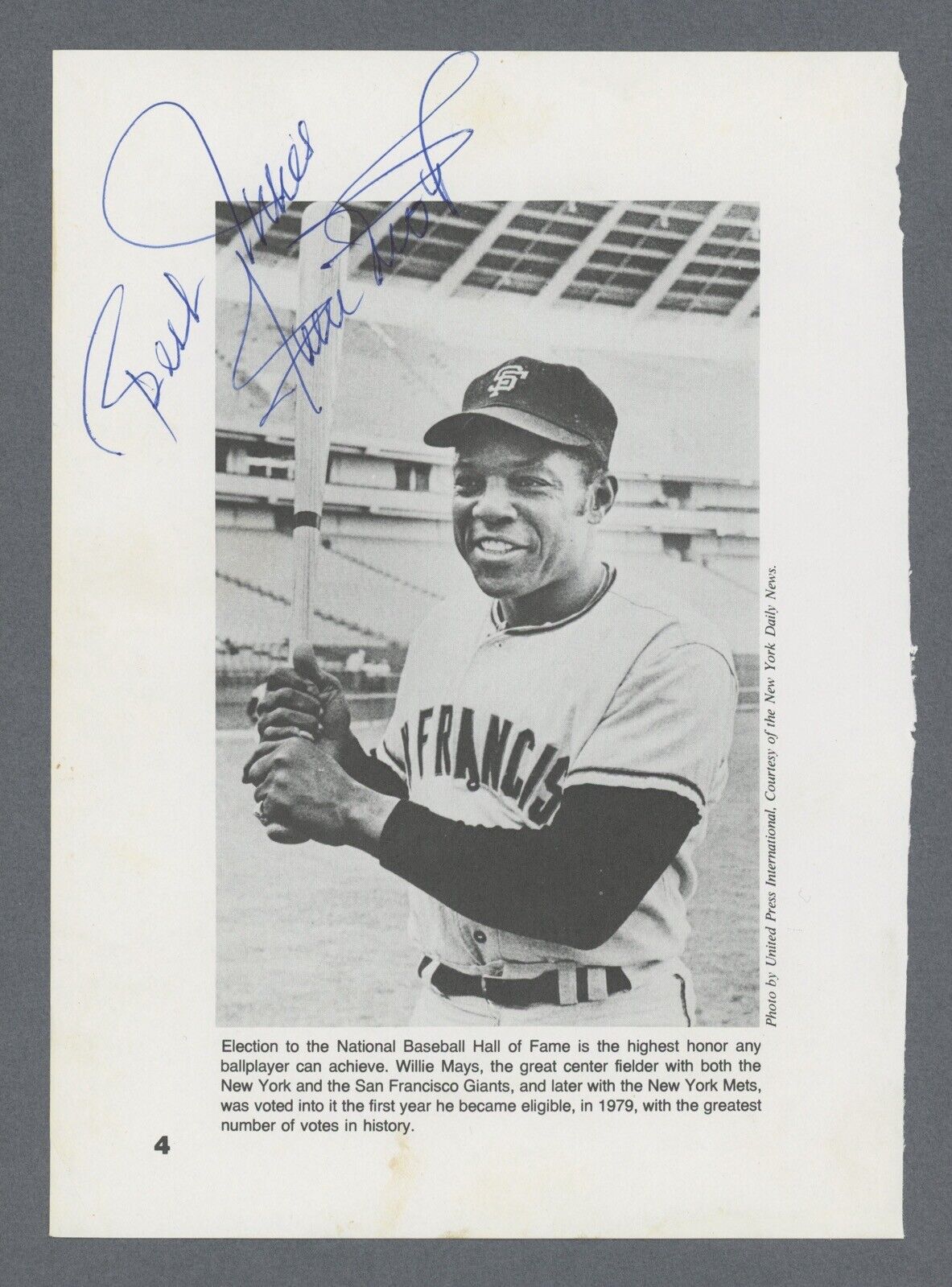 Willie Mays Signed Inscribed Book Page with Photo Auto with B&E Hologram