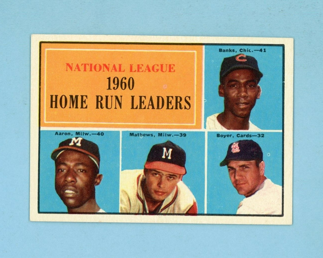 1961 Topps #43 1960 NL HR Leaders Ernie Banks, Hank Aaron Baseball Card Ex/Mt