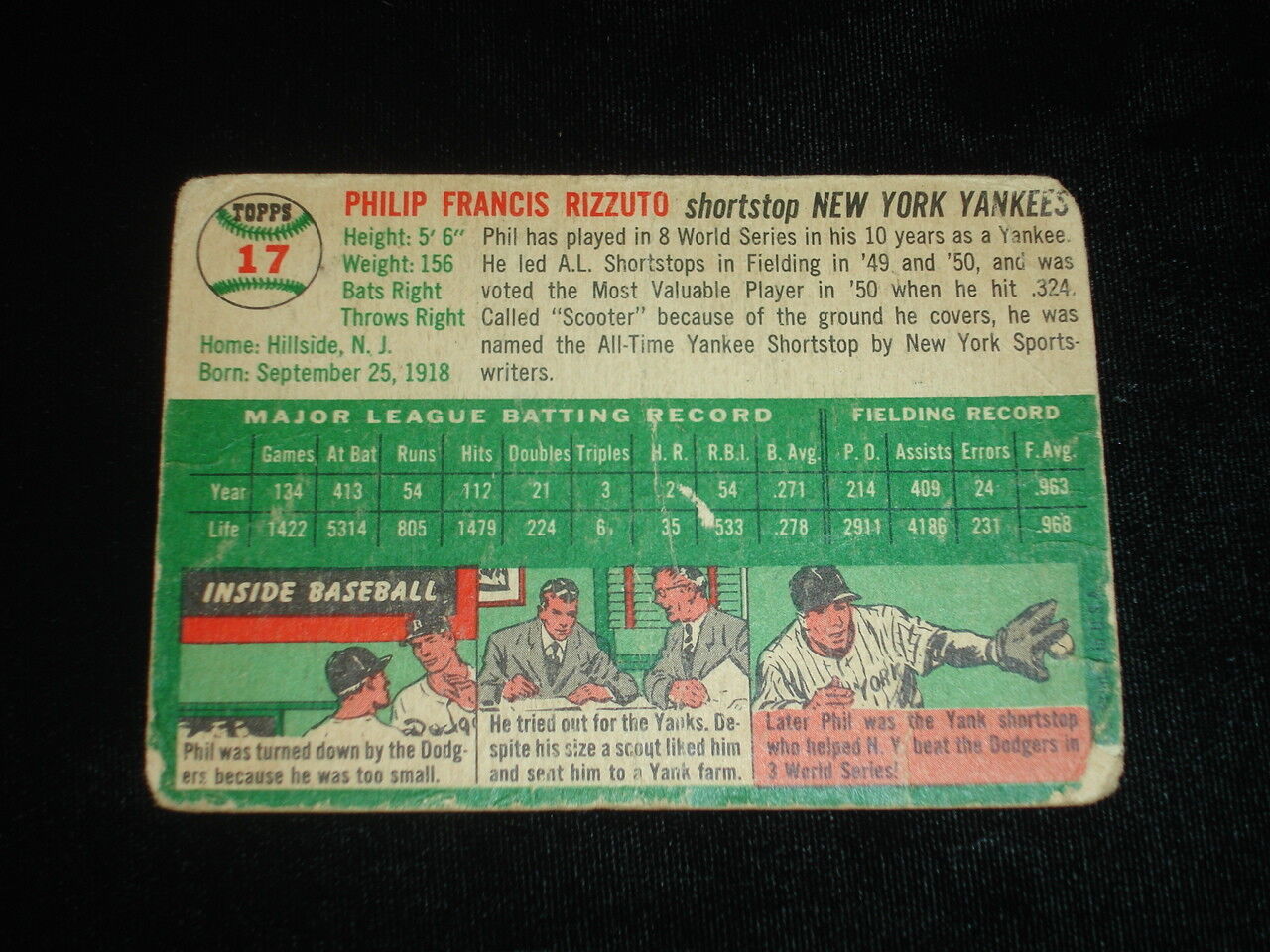 1954 Topps Phil Rizzuto Baseball Card-NY Yankees-#17-low grade