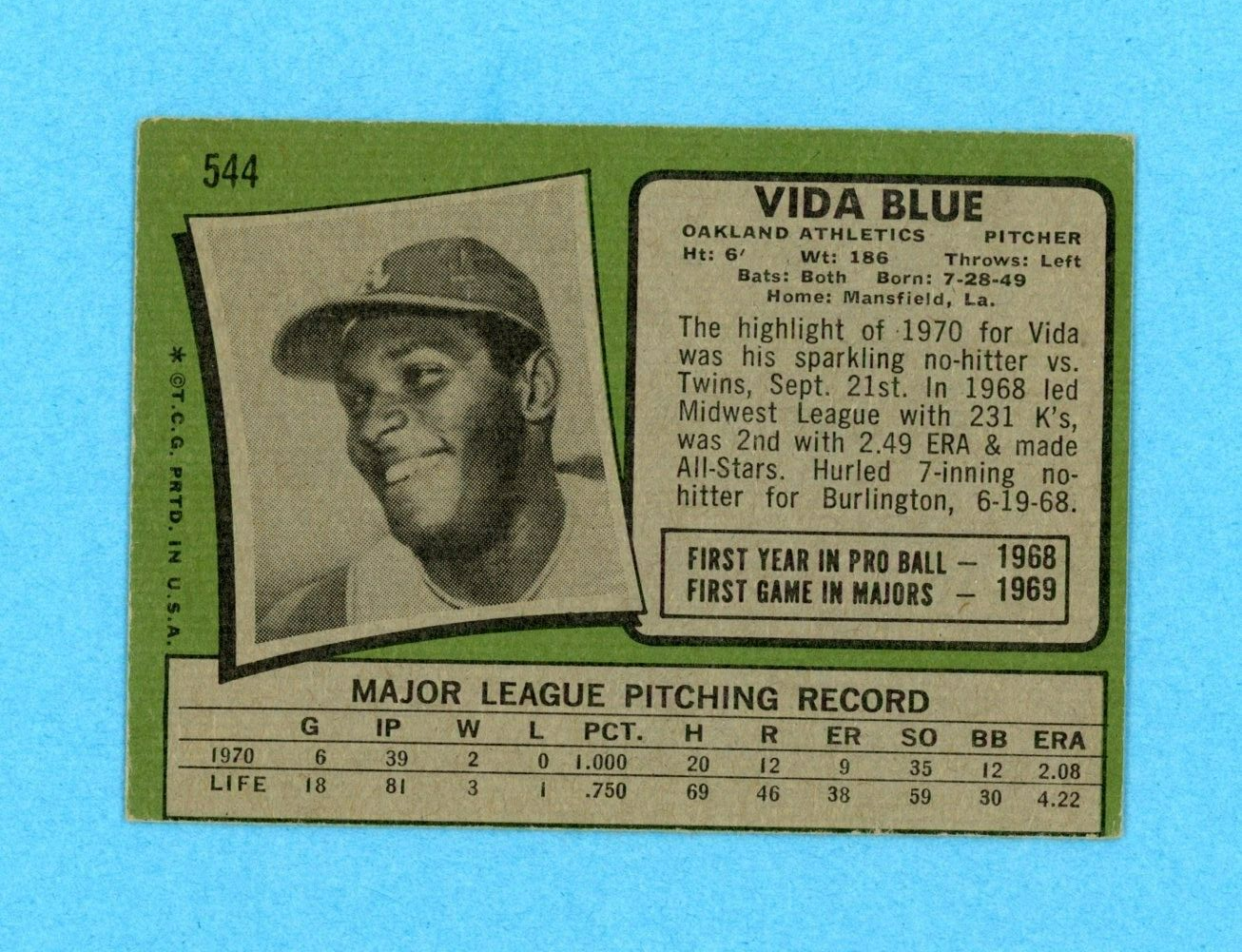 1971 Topps #544 Vida Blue Oakland Athletics Baseball Card Low Grade