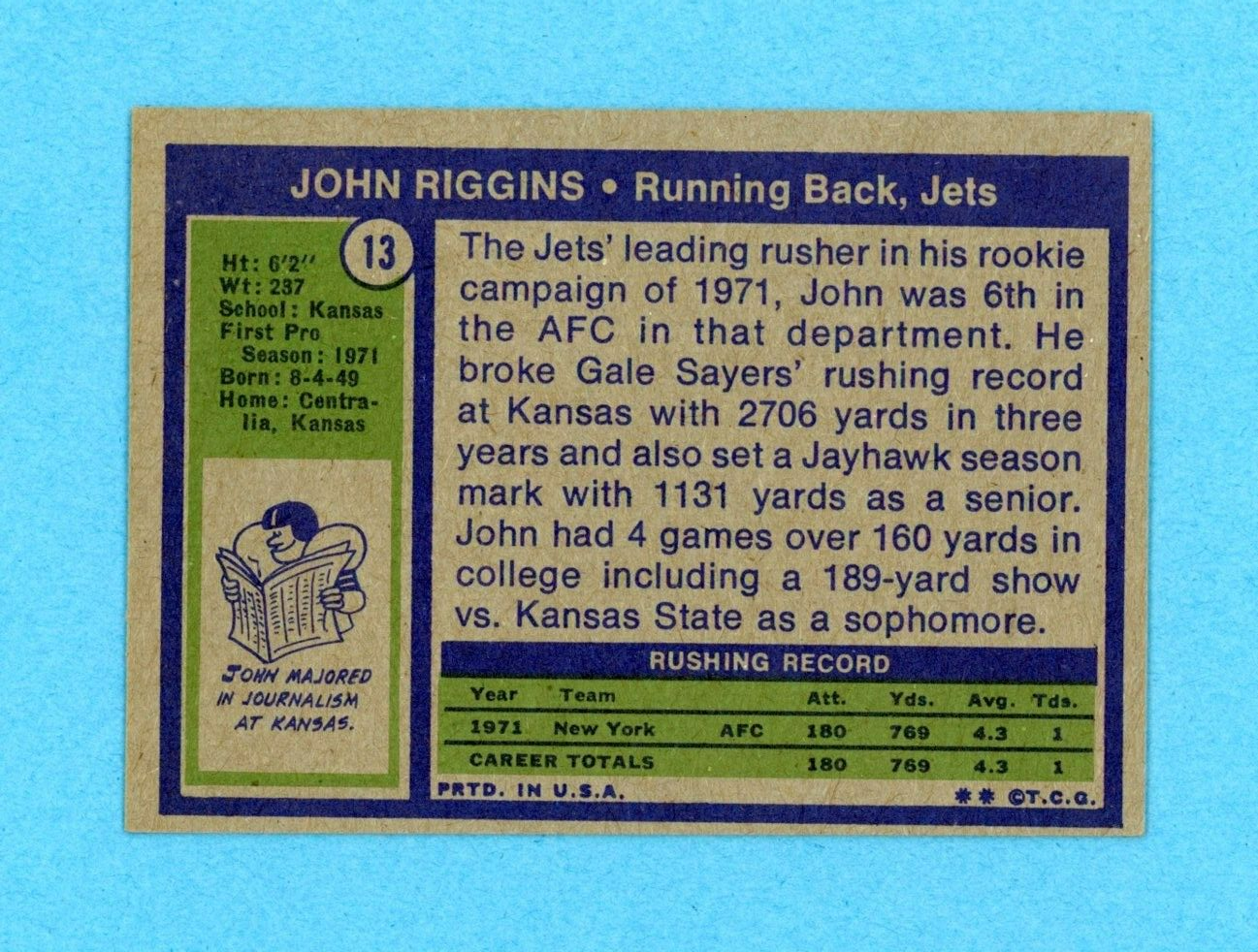 1972 Topps #13 John Riggins New York Jets Rookie Football Card Ex/Mt