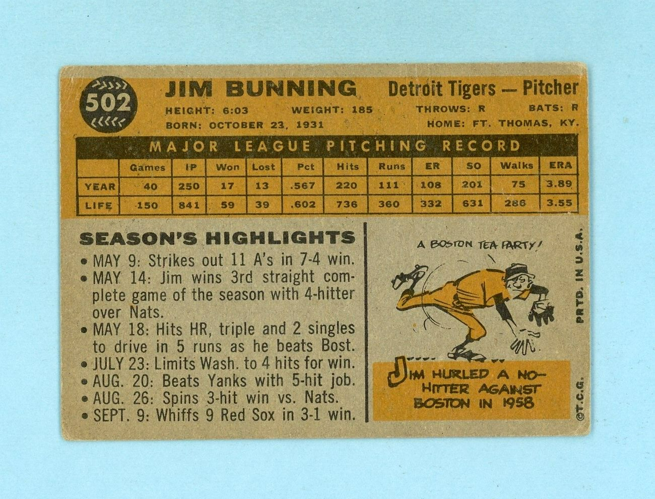 1960 Topps #502 Jim Bunning Detroit Tigers Baseball Card Low Grade