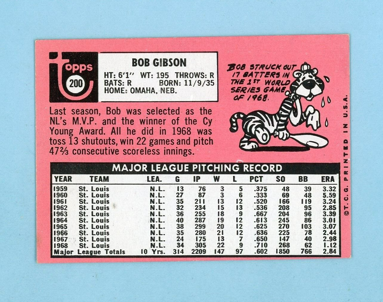 1969 Topps #200 Bob Gibson St. Louis Cardinals Baseball Card Ex/Mt o/c