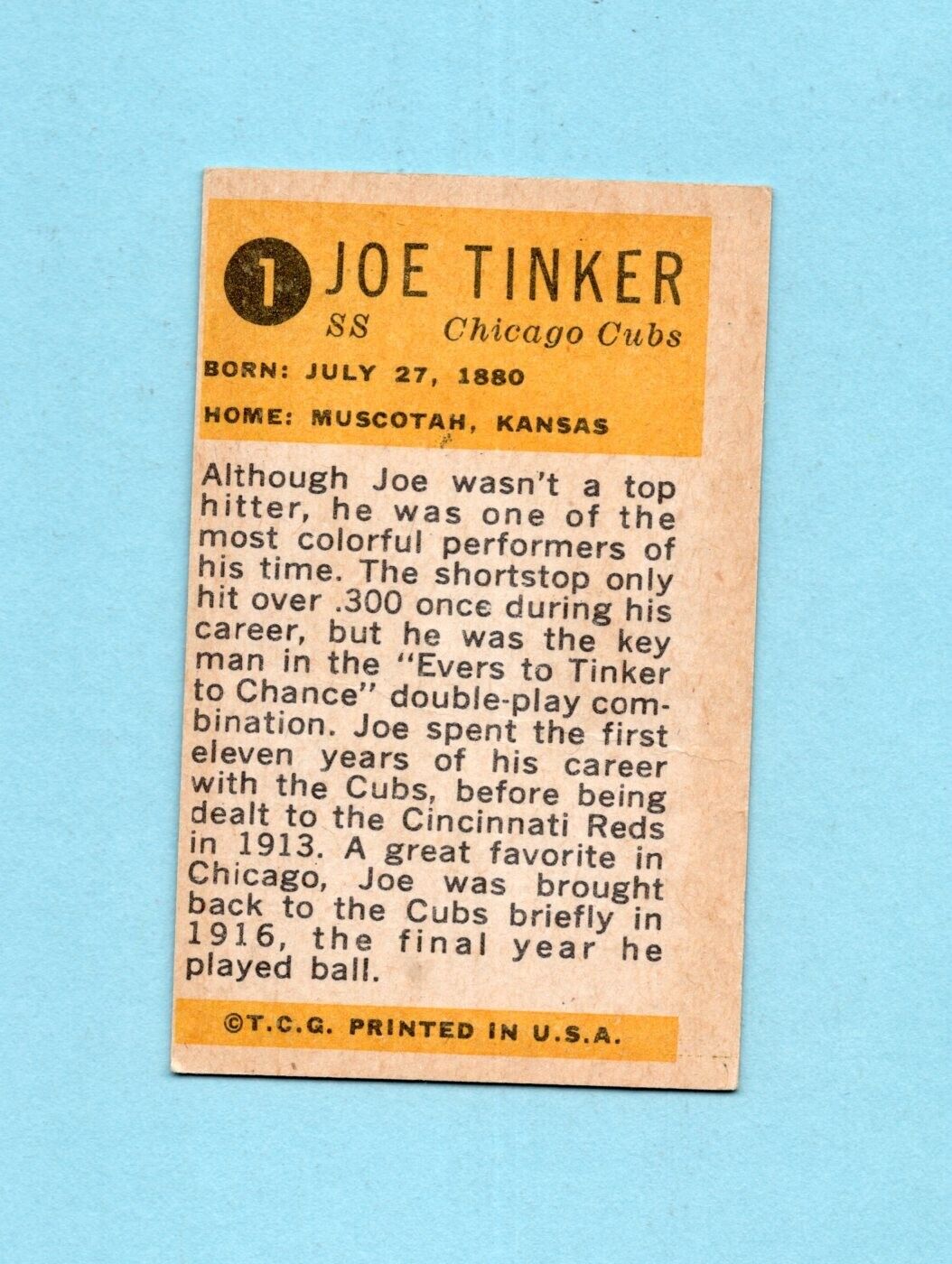 1963 Bazooka All-Time Greats #1 Joe Tinker Chicago Cubs Baseball Card NM