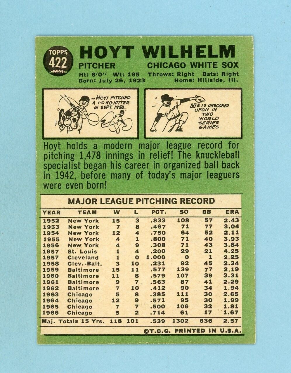 1967 Topps #422 Hoyt Wilhelm Chicago White Sox Baseball Card EX++ - Ex/Mt