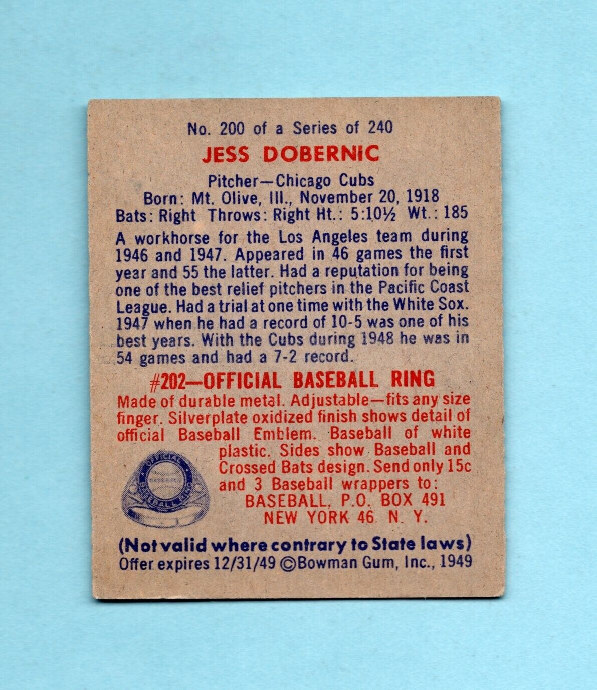 1949 Bowman #200 Jess Dobernic Chicago Cubs High Number Baseball Card EX