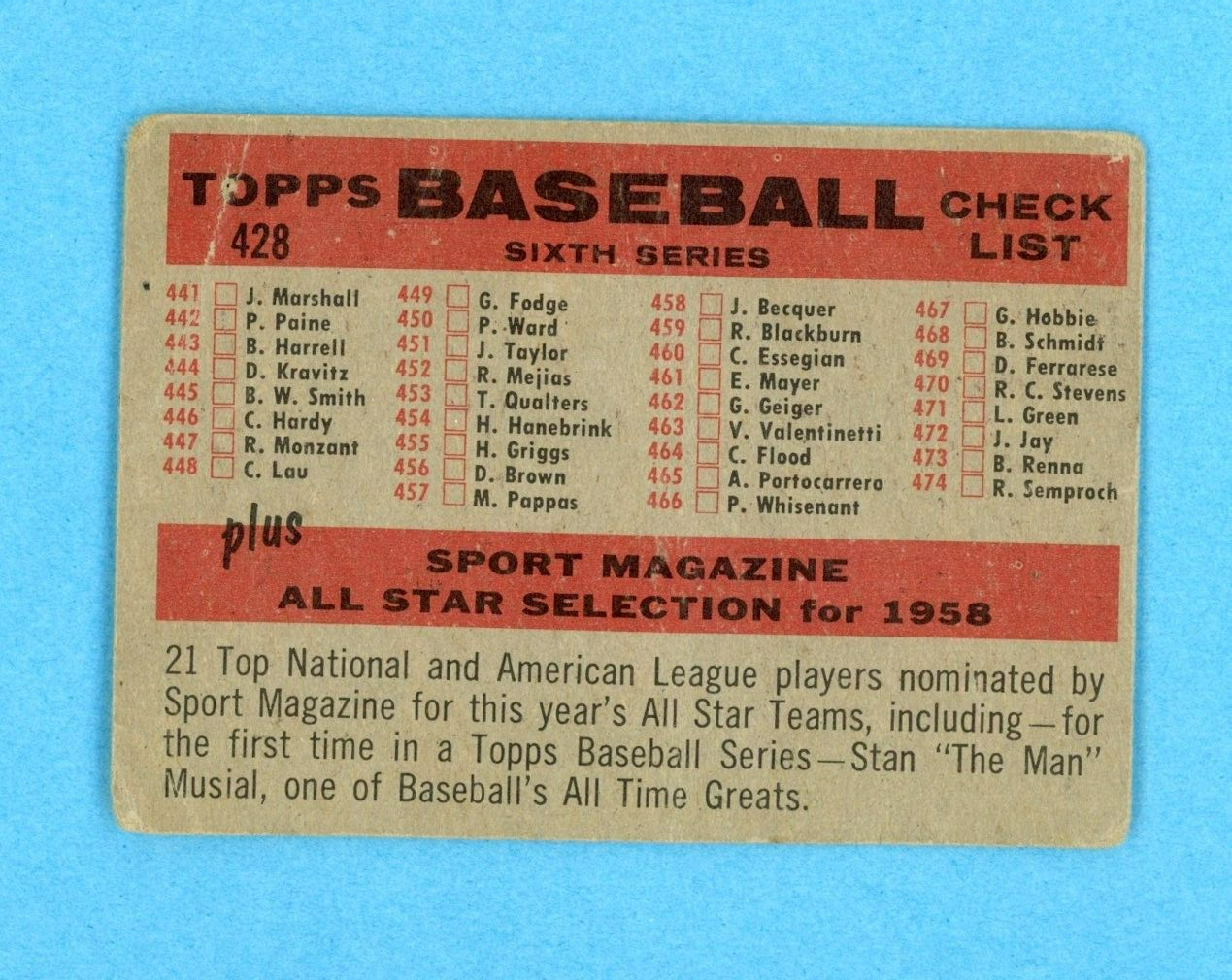 1958 Topps #428 Cinn Redlegs Team Numerical Variation Baseball Card Low Grade