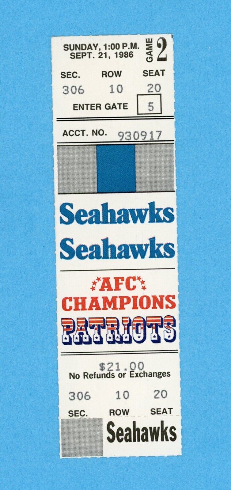 9/21/86 Seattle Seahawks at New England Patriots Full Ticket