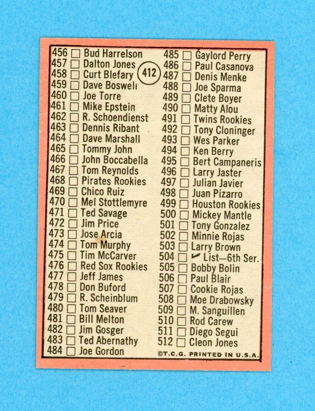 1969 Topps #412 Mickey Mantle 5th Series Checklist Baseball Card NM