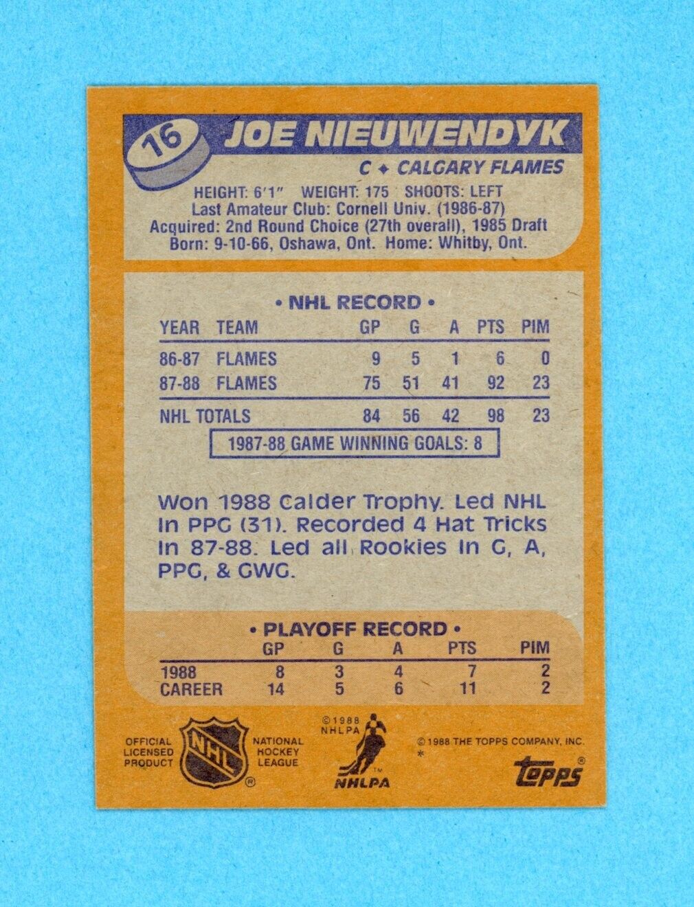 Joe Nieuwendyk Calgary Flames 1988-89 Topps #16 Autographed Rookie Hockey Card