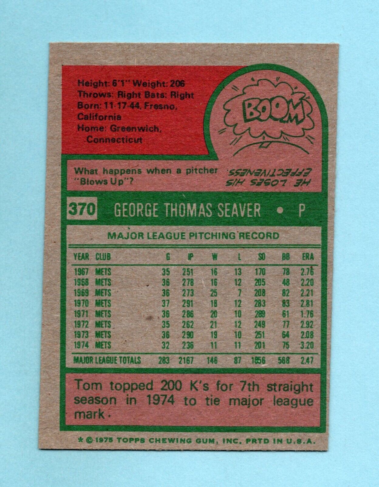 1975 Topps #370 Tom Seaver New York Mets Baseball Card Ex/Mt dia shp