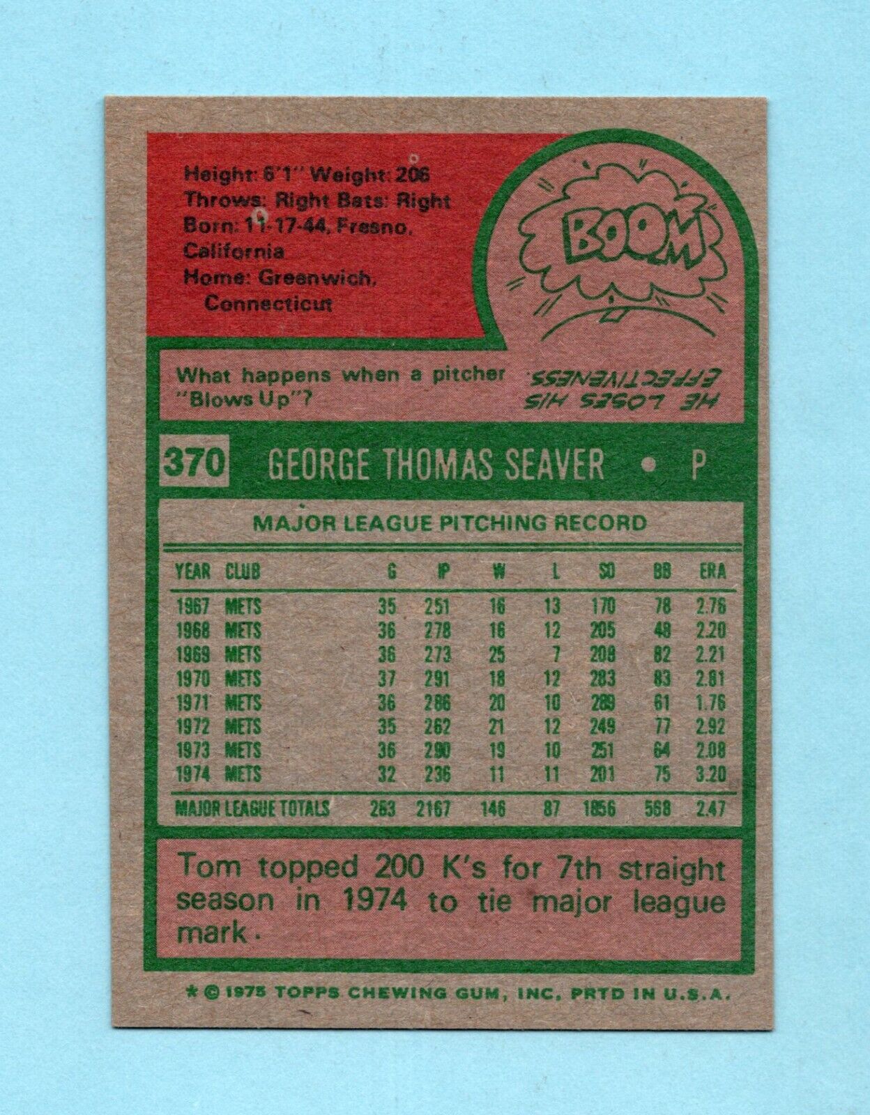 1975 Topps #370 Tom Seaver New York Mets Baseball Card EX+