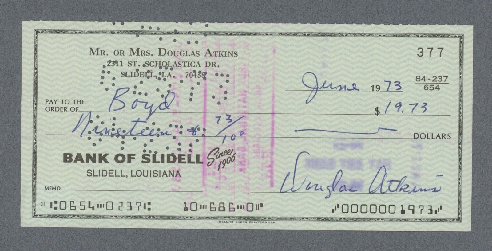 Chicago Bears HOFer Doug Atkins Signed Personal Check with PSA Sticker