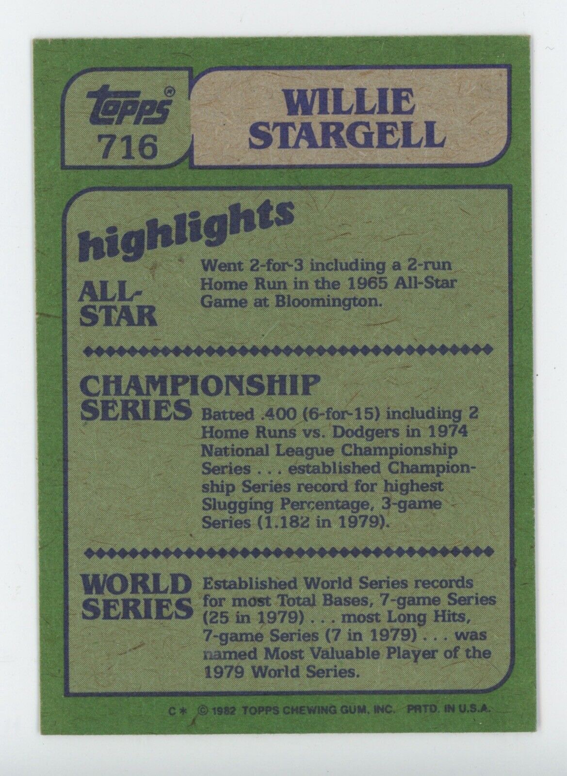 Willie Stargell Signed 1982 Topps Card #716 • In Action • Auto w B&E Hologram