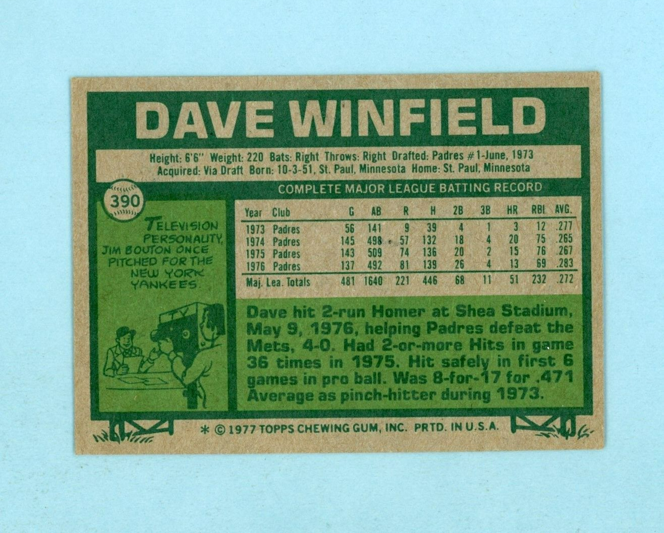 1977 Topps #390 Dave Winfield San Diego Padres Baseball Card EX+-Ex/Mt