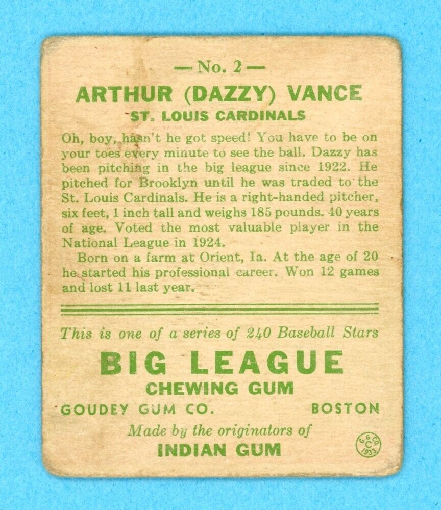 1933 Goudey #2 Dazzy Vance St. Louis Cardinals Rookie Baseball Card G - VG