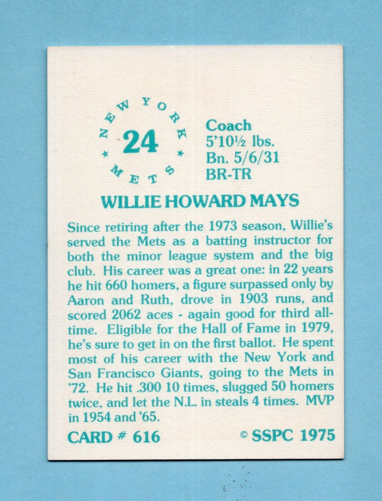 1975 SSPC #616 Willie Mays New York Mets Baseball Card NM