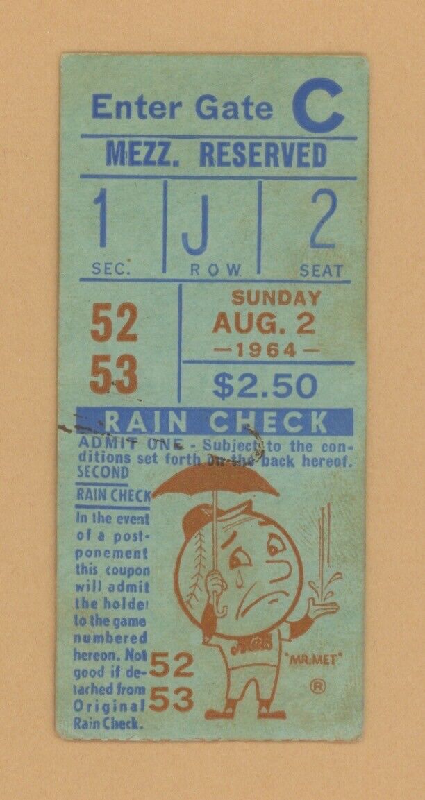 August 2, 1964 Houston Colts vs New York Mets Ticket Stub