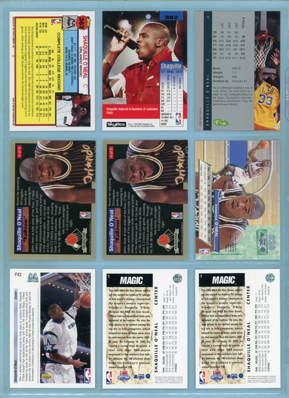 1992-93 Shaquille O'Neal LSU, Orlando Magic Lot of 9 Basketball Cards NM