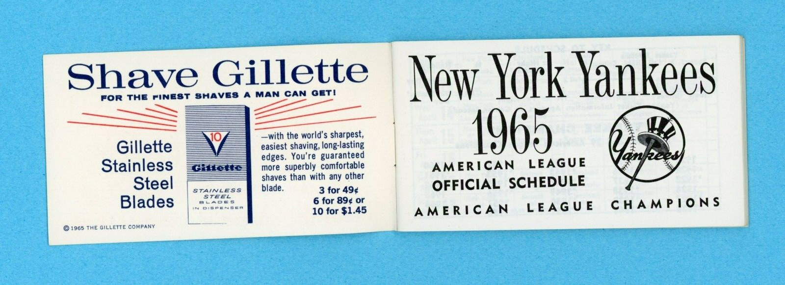 1965 New York Yankees & American League Official Schedule Pocket Booklet