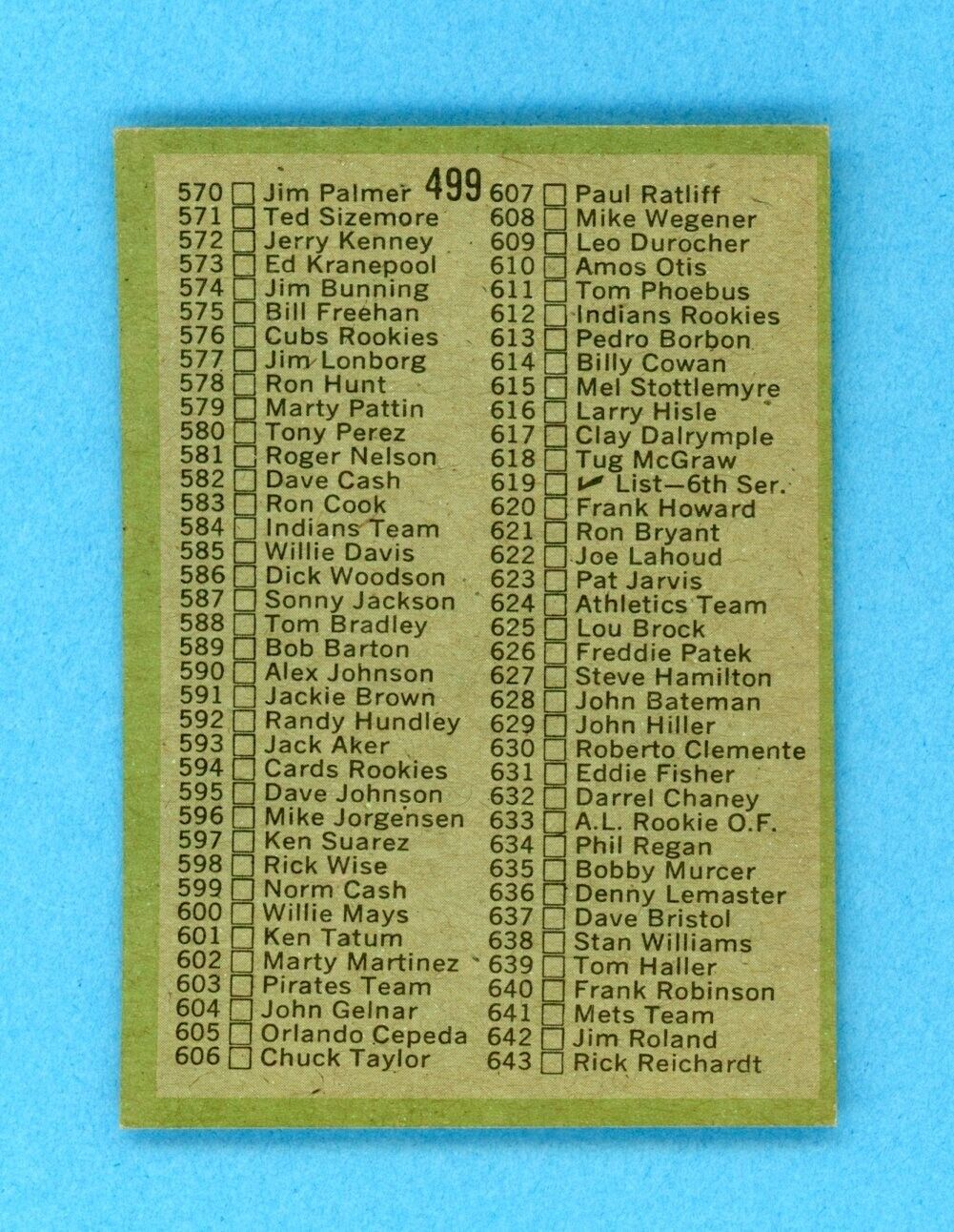 1971 Topps #499 5th Series Checklist Baseball Card Ex/Mt - NM sta unched