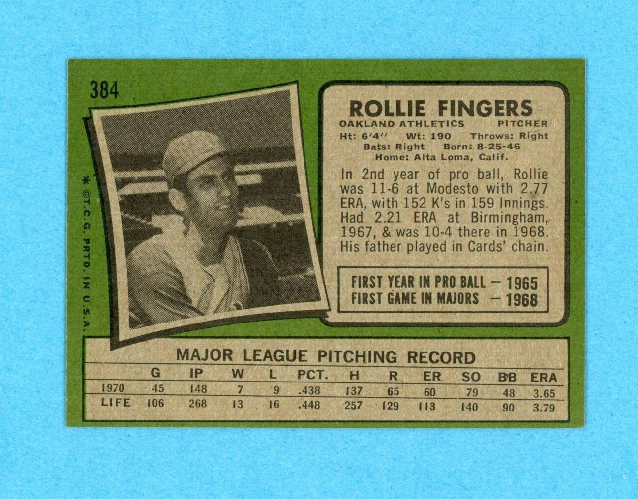 1971 Topps #384 Rollie Fingers Oakland Athletics Baseball Card Ex/Mt - NM o/c