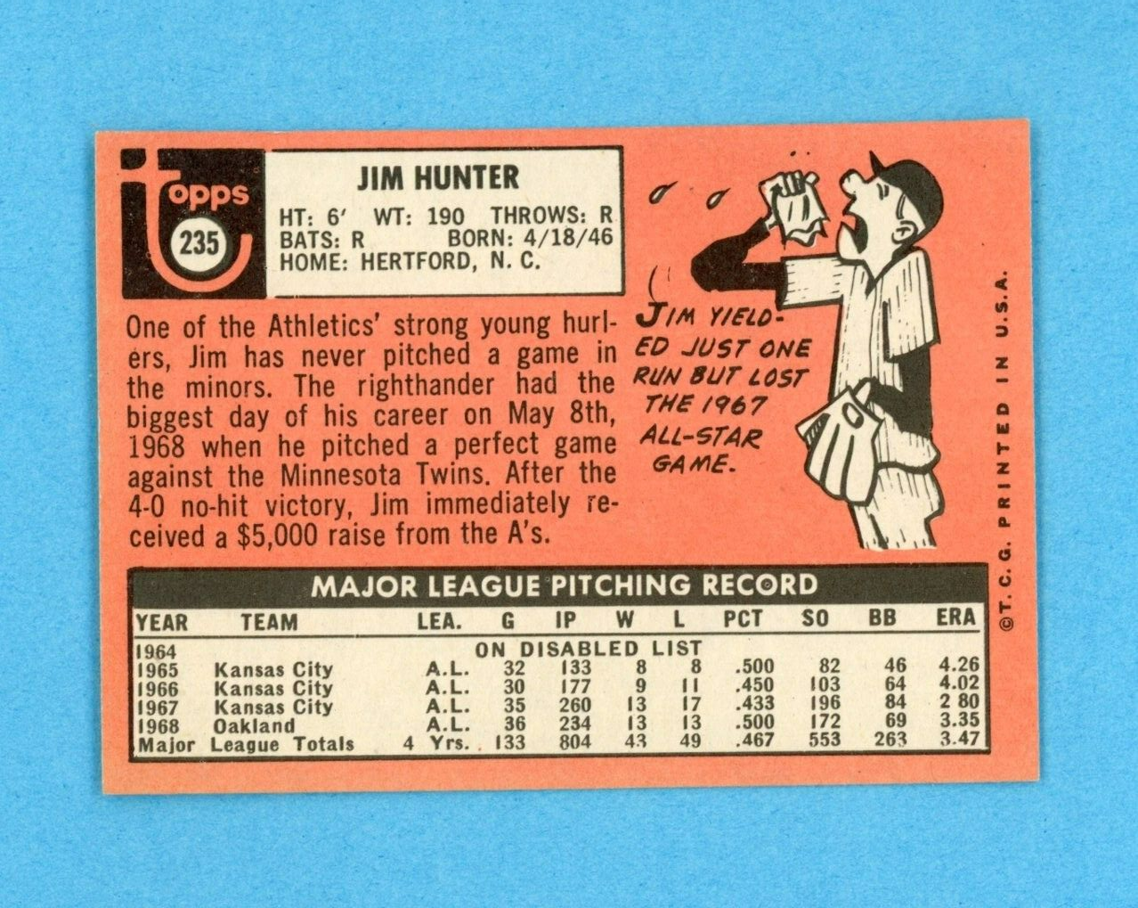 1969 Topps #235 Jim Catfish Hunter Oakland A's Baseball Card EX+ - Ex/Mt