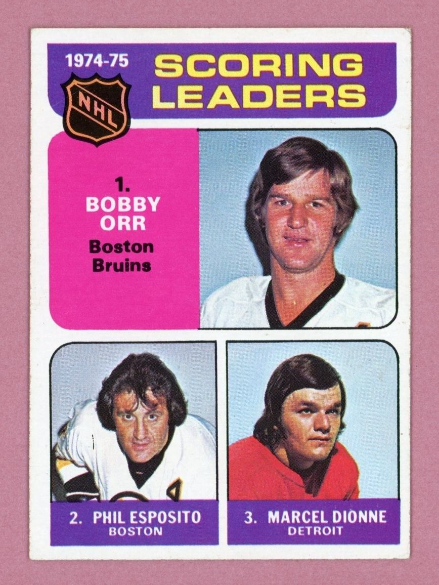 1975-76 Topps #210 1974-75 Scoring Leaders Orr, Esposito, Dionne Hockey Card EX+