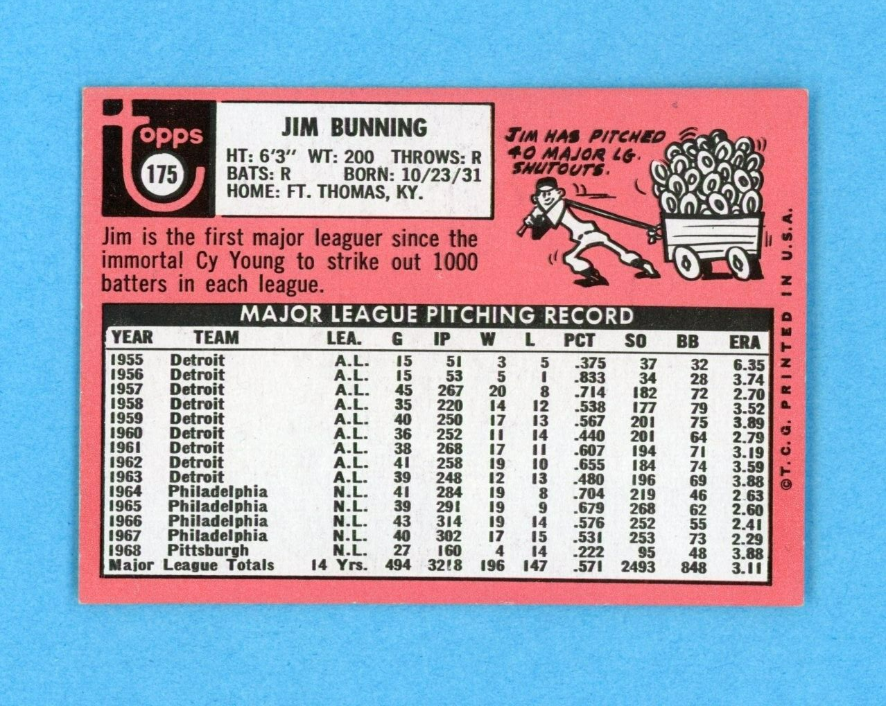 1969 Topps #175 Jim Bunning Pittsburgh Pirates Baseball Card NM