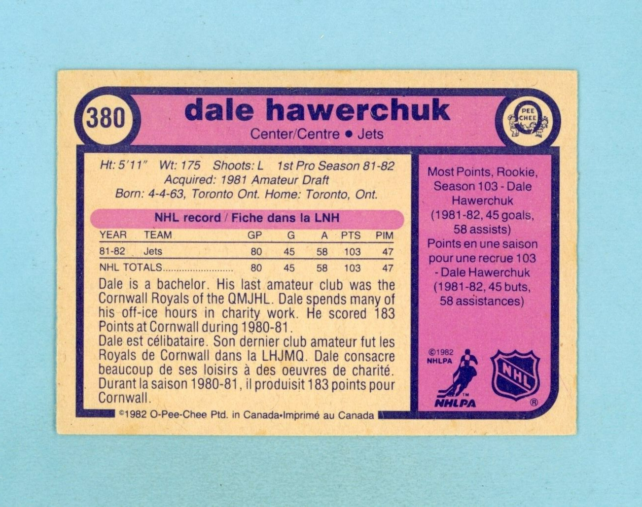 1982-83 O-Pee-Chee #380 Dale Hawerchuk Winnipeg Jets Rookie Hockey Card Ex-Mt