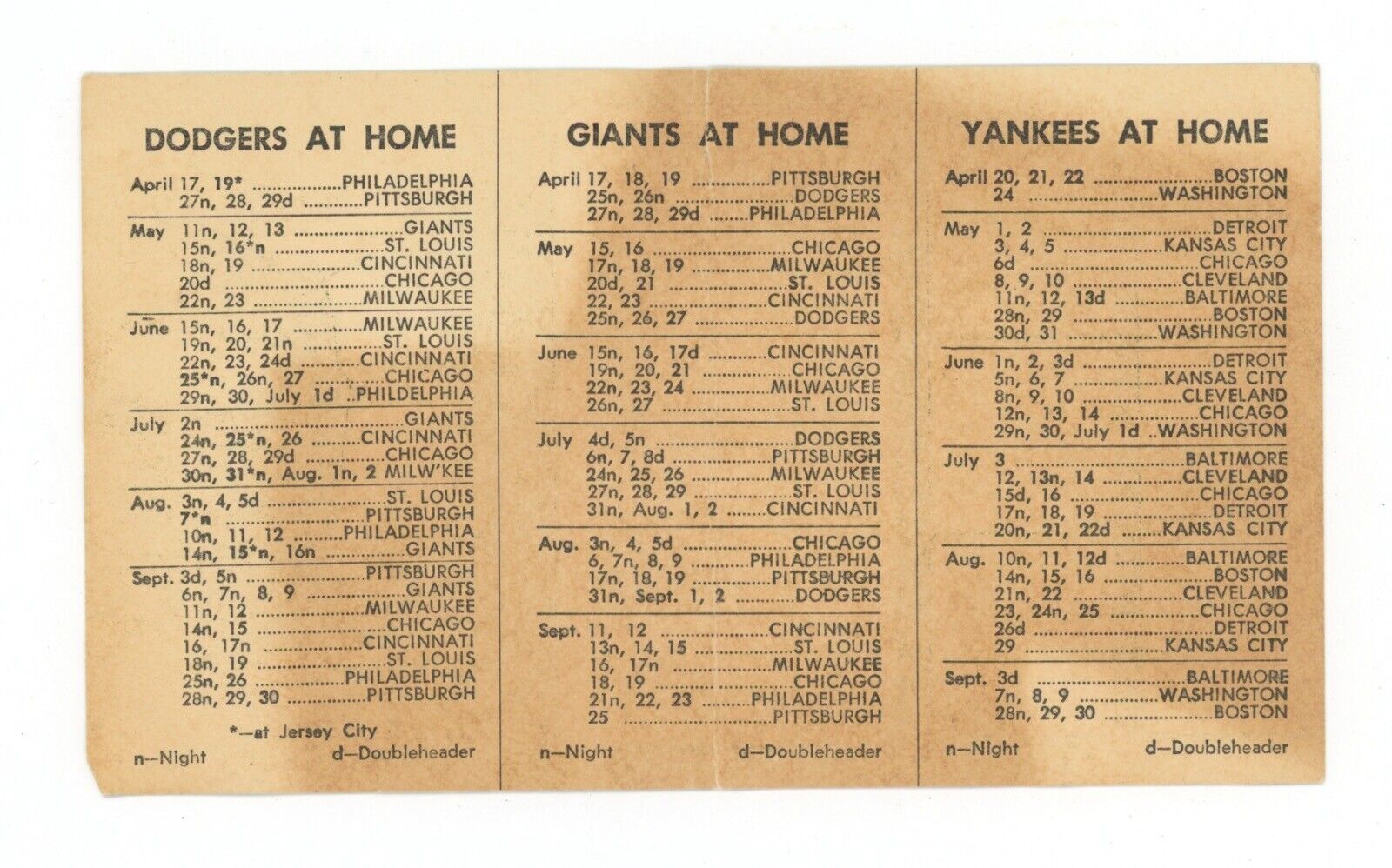 NY Baseball 1956 Schedule NY Yankees, Brooklyn Dodgers, NY Giants