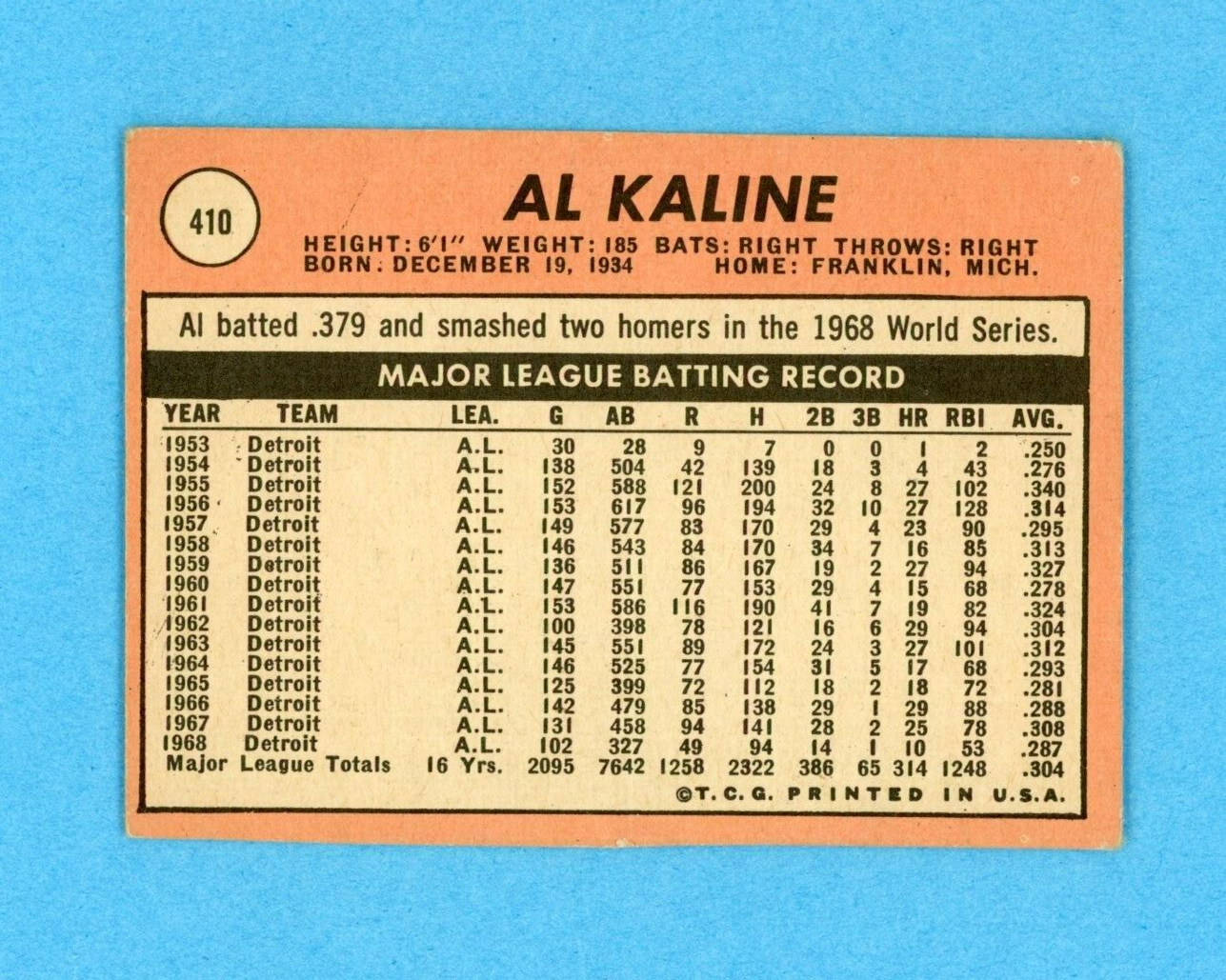 1969 Topps #410 Al Kaline Detroit Tigers Baseball Card Low Grade