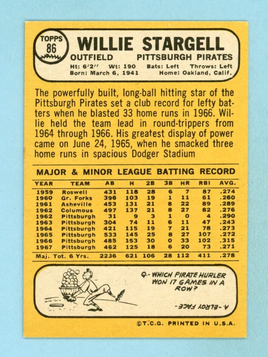 1968 Topps #86 Willie Stargell Pittsburgh Pirates Baseball Card EX+ - Ex/Mt