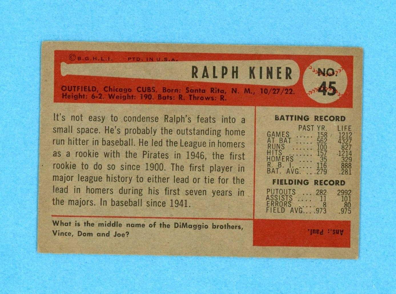 1954 Bowman #45 Ralph Kiner Chicago Cubs Baseball Card Vg/Ex