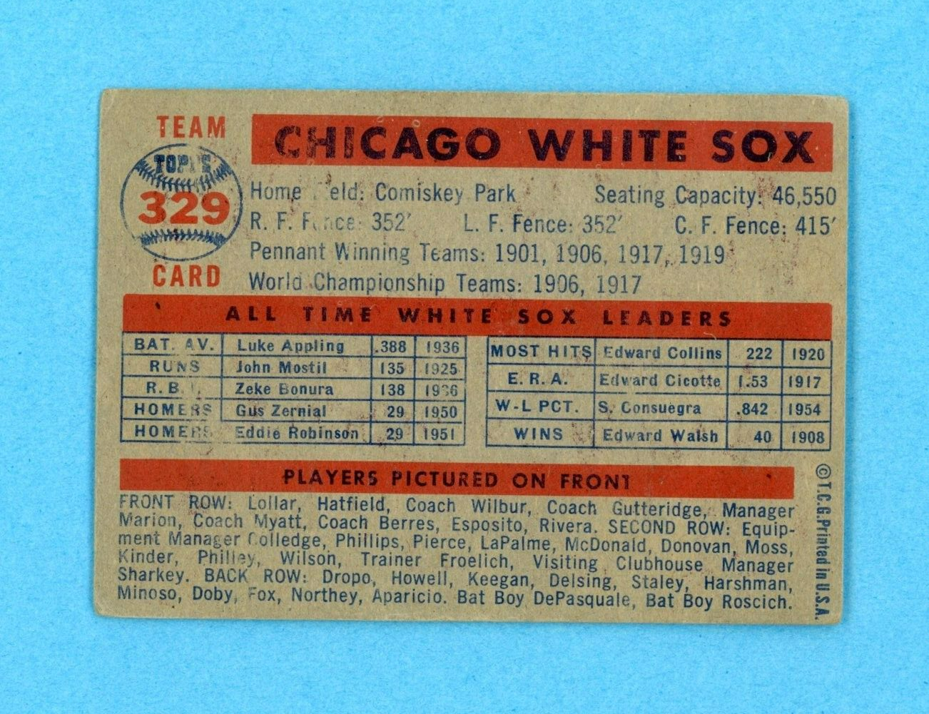 1957 Topps #329 Chicago White Sox Team Middle Series Baseball Card VG - VG+