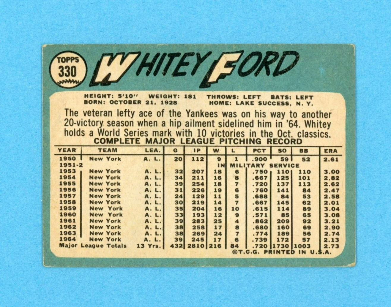 1965 Topps #330 Whitey Ford New York Yankees Baseball Card Vg/Ex vslw