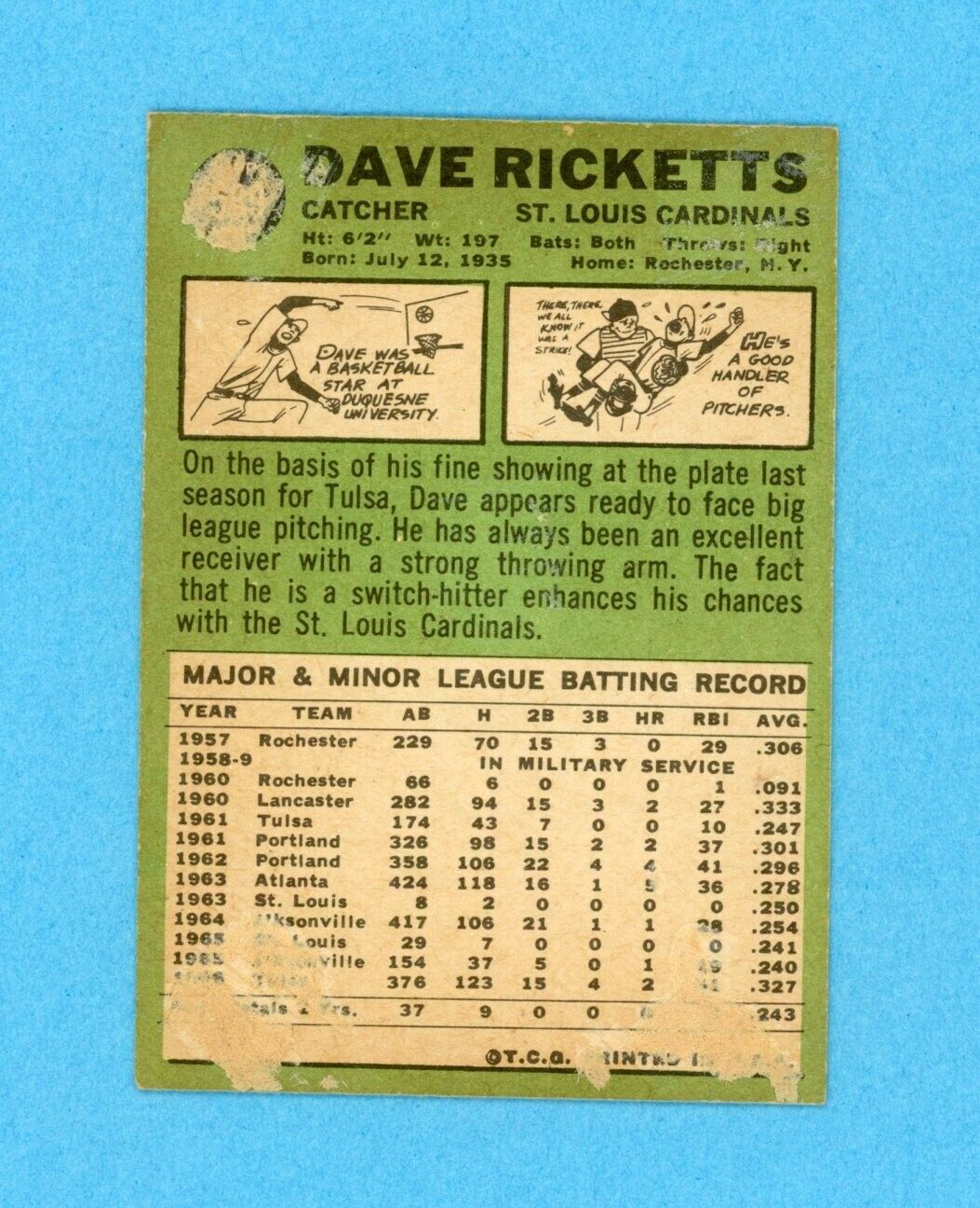 1967 Topps #589 Dave Ricketts St Louis Cards High Number Baseball Card Low Grade