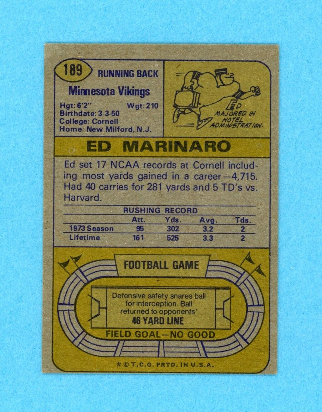 Ed Marinaro Minnesota Vikings 1974 Topps #189 Autographed Football Card