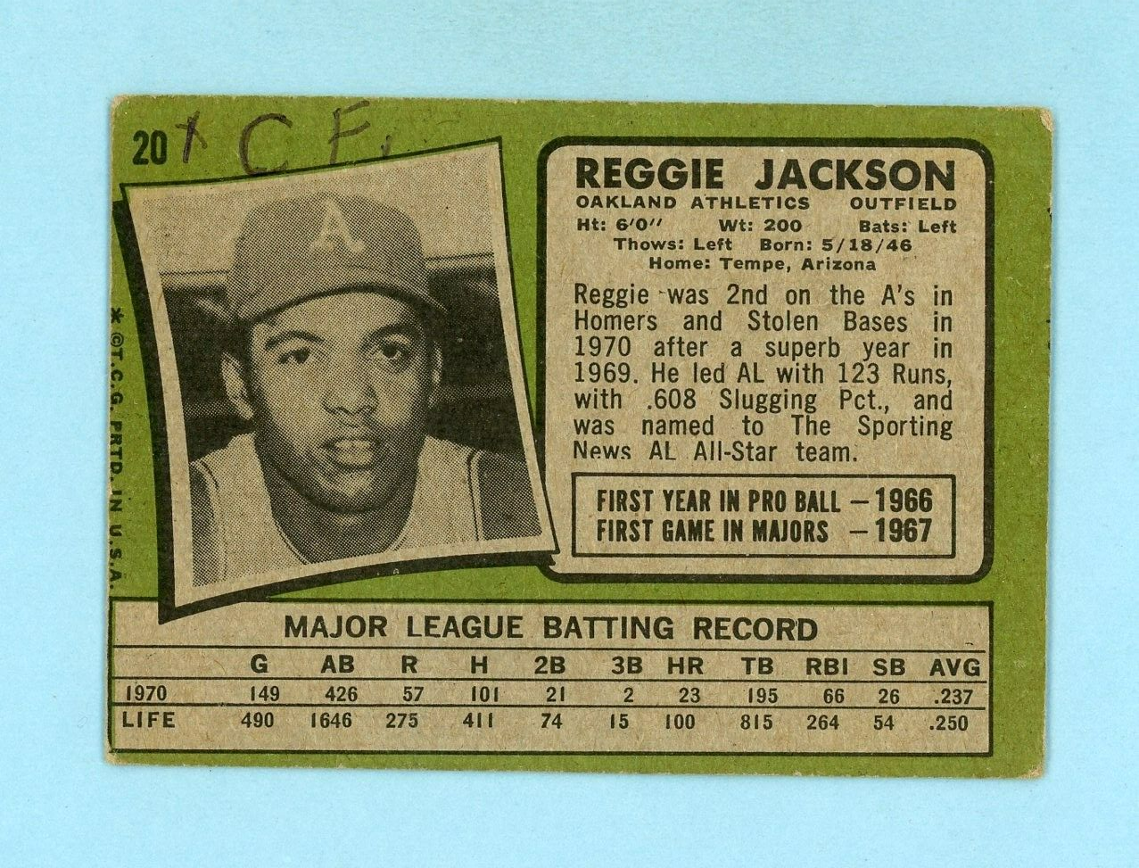 1971 Topps #20 Reggie Jackson Oakland Athletics Baseball Card Low Grade