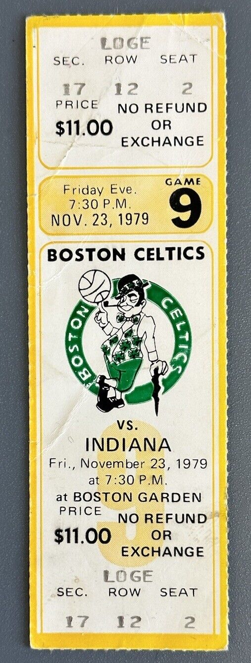 Nov 23 1979 Boston Celtics FULL Ticket vs Pacers - Larry Bird ROOKIE Year 30 pts