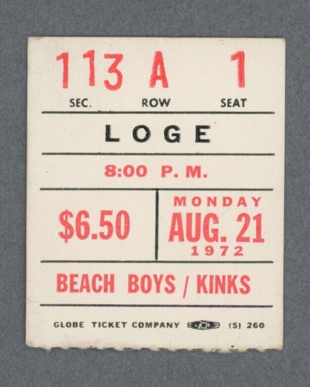 8/21/72 Beach Boys/The Kinks • Nassau Coliseum, NY • Concert Ticket Stub Seat 1