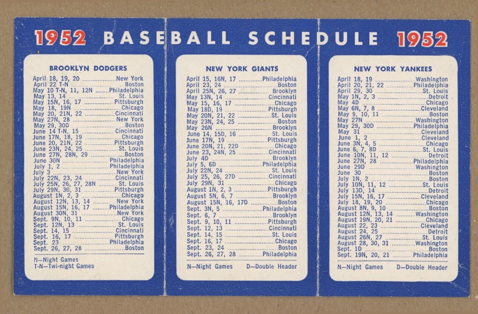 NY Baseball 1952 Schedule NY Yankees, Brooklyn Dodgers, NY Giants