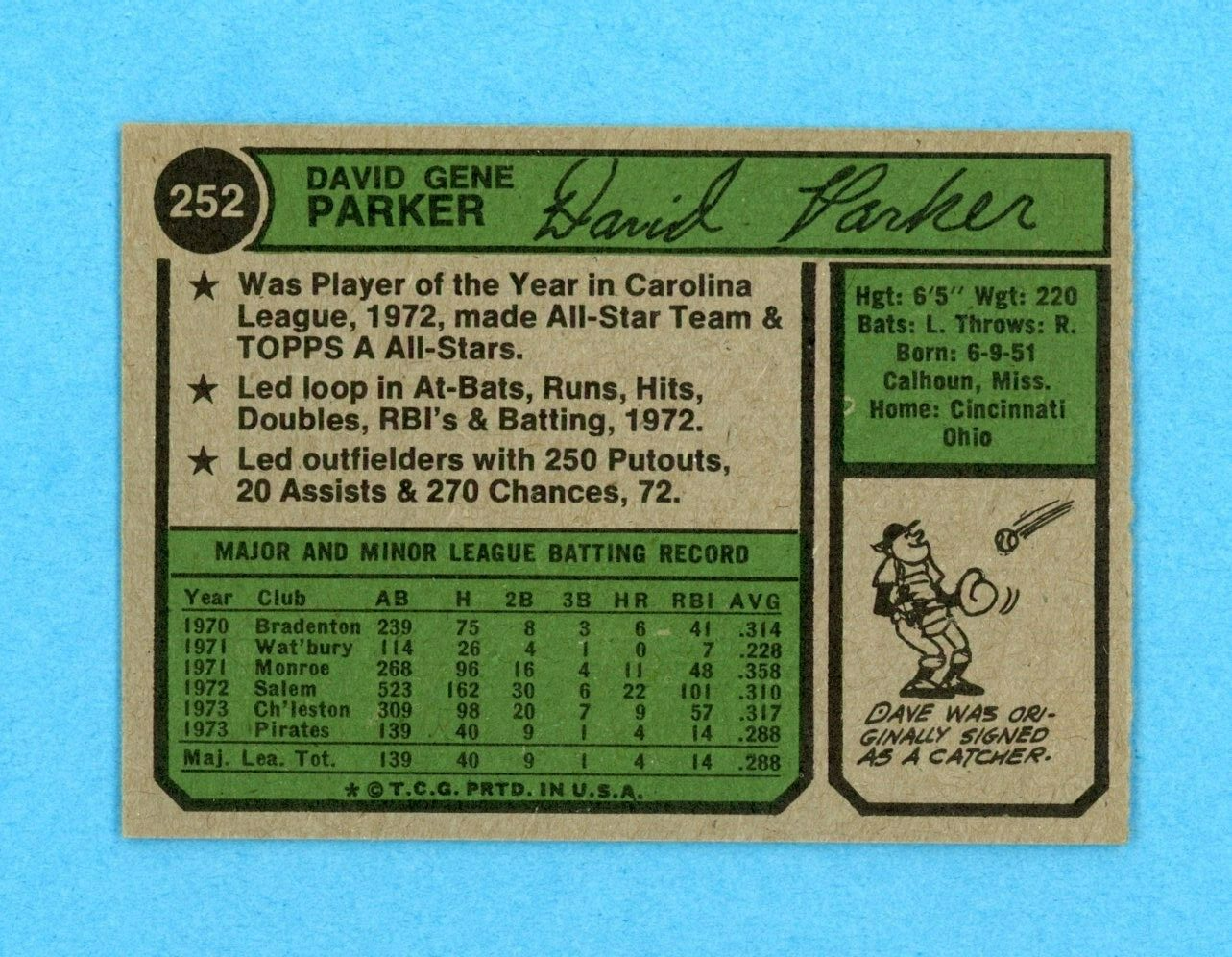 1974 Topps #252 Dave Parker Pittsburgh Pirates Rookie Baseball Card EX+ - Ex/Mt