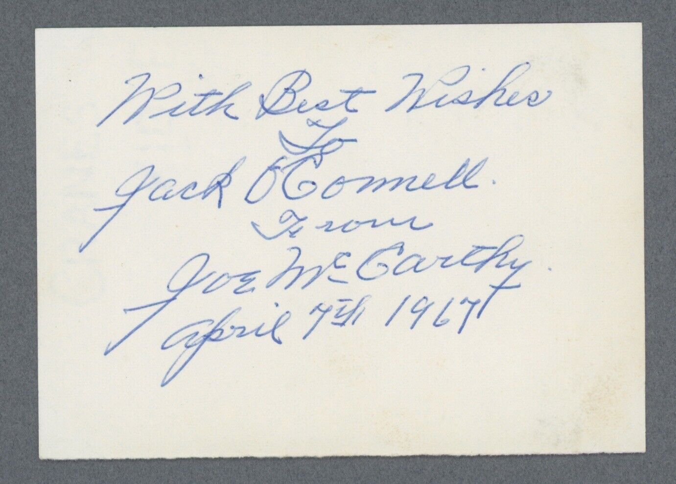 HOFer Joe McCarthy Signed/Inscribed 4.25"x3" paper Auto with B&E Hologram