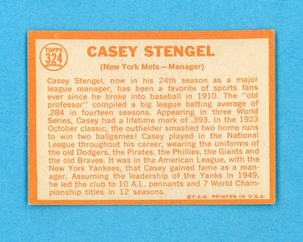 1964 Topps #324 Casey Stengel New York Mets Baseball Card Vg/Ex