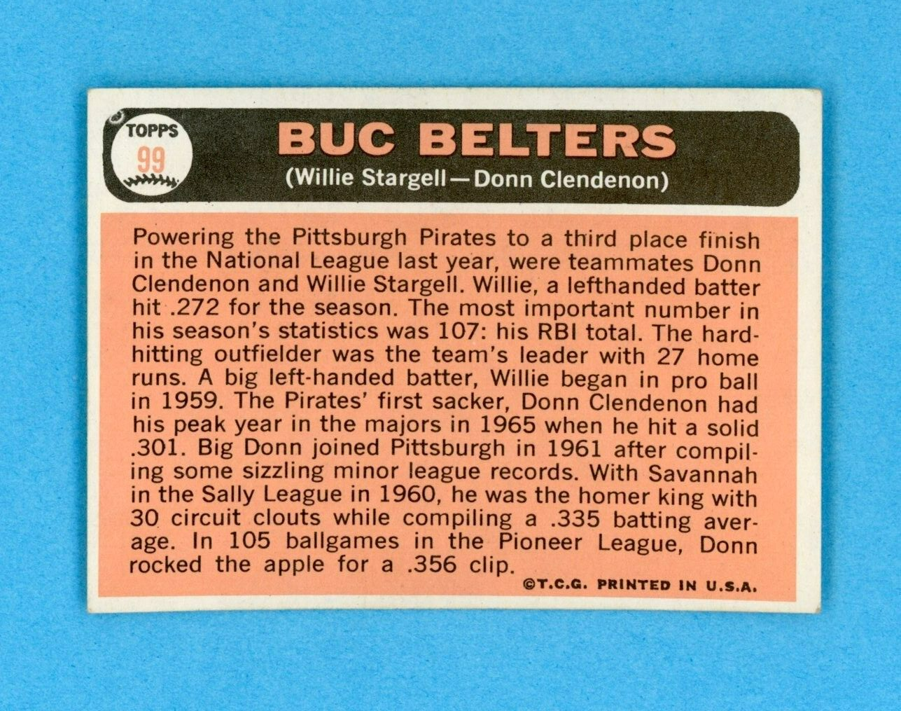 1966 Topps #99 Buc Belters Stargell, Clendenon Pitts Pirates Baseball Card Ex/Mt