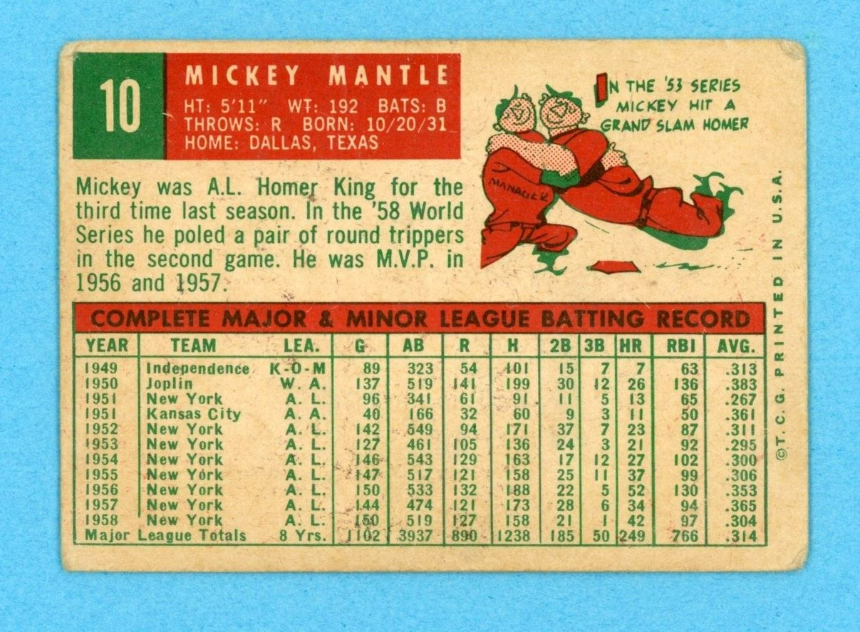 1959 Topps #10 Mickey Mantle New York Yankees Baseball Card Low Grade