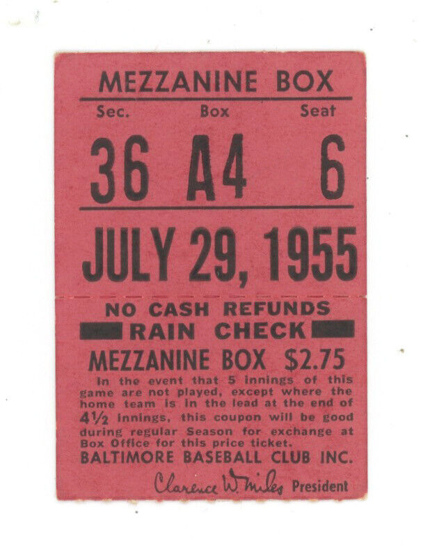 July 29, 1955 Cleveland Indians vs Baltimore Orioles Ticket Stub