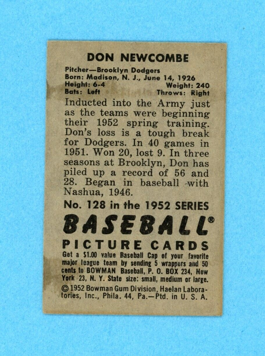 1952 Bowman #128 Don Newcombe Brooklyn Dodgers Baseball Card Ex+ - Ex/Mt