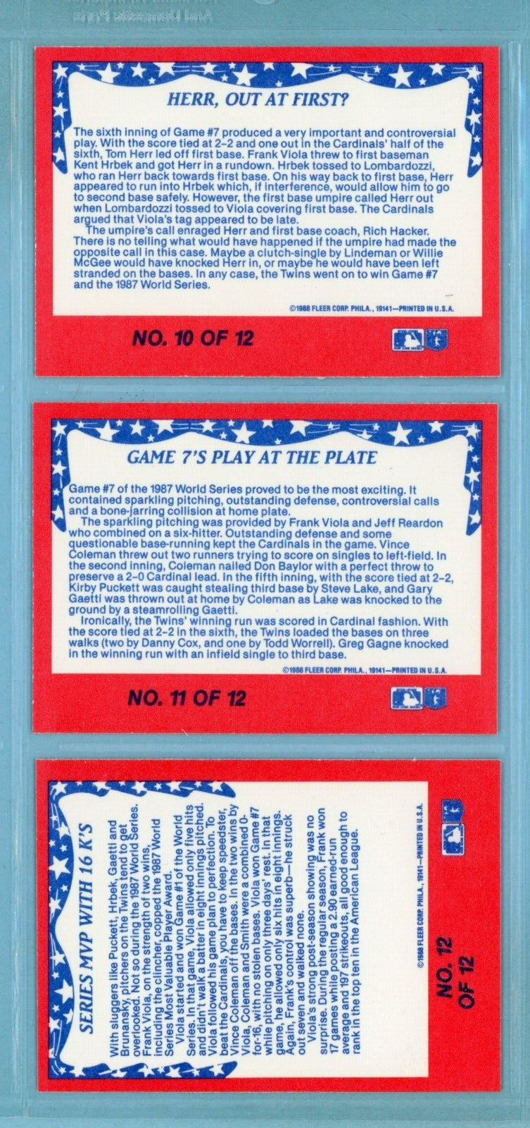 1988 Fleer Set of 12 1987 World Series Special Baseball Cards NM